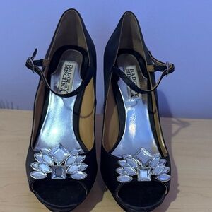 Badgley Mischka Black Satin Jeweled Peep-Toe Heels